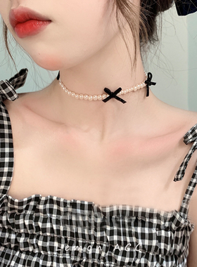 黑色丝绒蝴蝶结珍珠项链女锁骨链