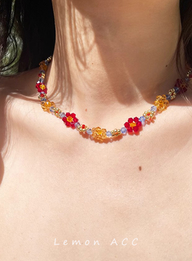 Et彩色串珠水晶花朵项链多巴胺