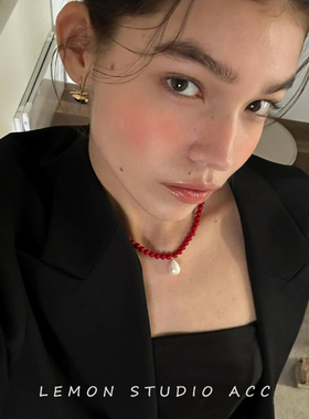 红色水滴珍珠OT扣吊坠珍珠项链女