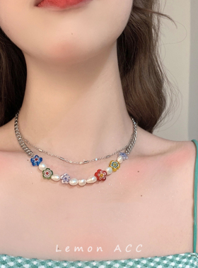 珍珠叠戴双层项链女嘻哈情侣配饰ins韩系小众设计感彩色串珠颈链