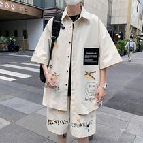 Graffiti Shirt Suit Mens Summer Tide Cards Short Sleeves Shorts Sports Casual Nets Red Tides Korean Version Handsome set