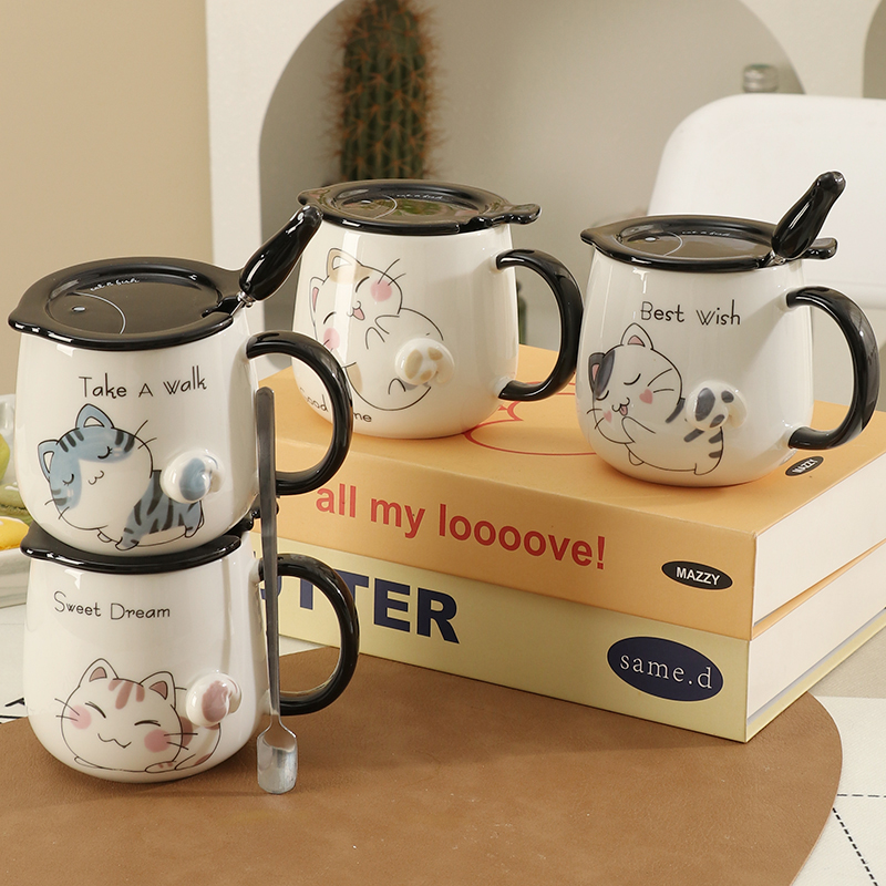 创意马克杯带盖带勺陶瓷杯杯子陶瓷水杯陶瓷可爱杯子办公室喝水杯 - 图0