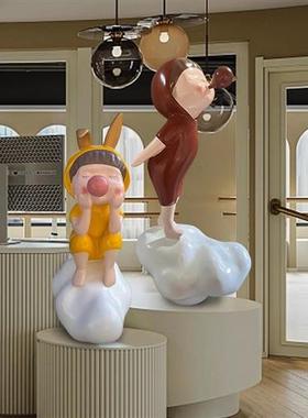 卡通泡泡兔耳女孩落地摆件可爱大公仔人物客厅商场玩偶玻璃钢雕塑