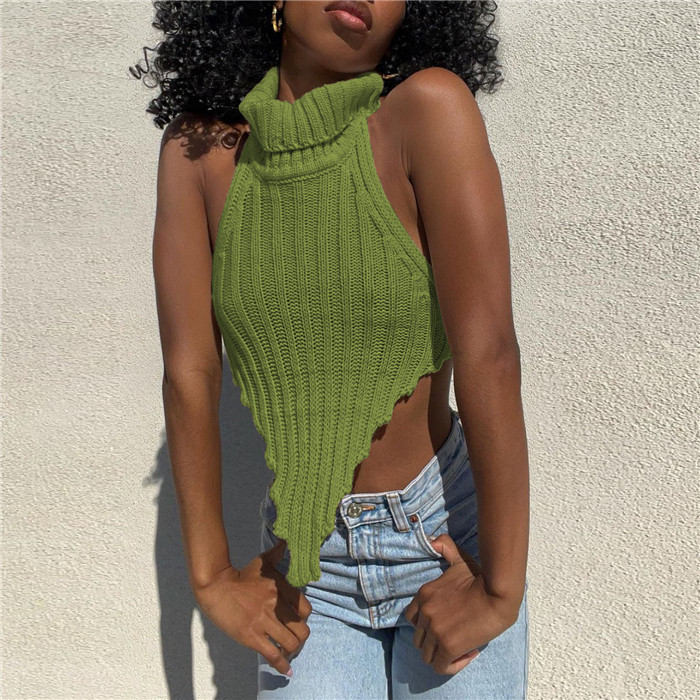 欧美性感高领不规则露背针织背心上衣女 sexy knit vest tank top,淘宝优惠券,粉丝福利购,淘宝优惠卷