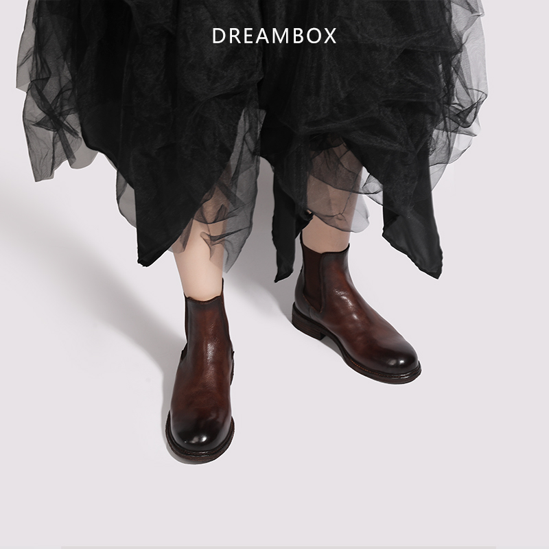 dreambox冬季女靴英伦复古胎牛皮切尔西靴真皮底手工固特异马丁靴