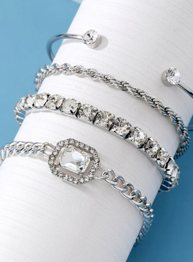 欧美跨境饰品 复古个性麻花手链仿宝石夸张朋克手镯手链4条装批发