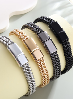 TEMU跨境热销8*4MM不锈钢鱼鳞手链士双排正反朋克嘻哈手链