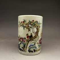 Jingdezhen porcelain factory Porcelain Factory Powder Color Flowers Bird Rich and Longevity Thu pen holder antique porcelain for old old goods Ancient playing porcelain