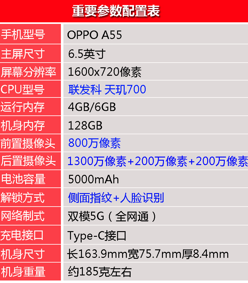 OPPO A55 5G 天玑700处理器 新款6.5英寸大屏大电池拍照智能手机