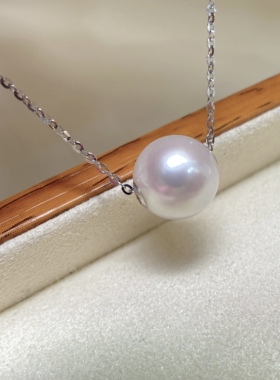 简约日系路路通～9-10mm天然淡水珍珠正圆强光18k贴片925银项链