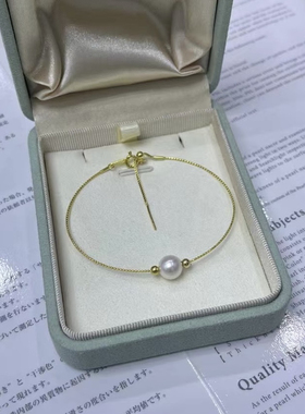 纯银版~7-8mm天然淡水珍珠强光近圆微瑕弹力圈手镯手链礼物