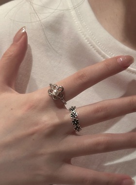 灰蓝小雏菊~天然海水真多麻色5-6mm珍珠花朵戒指女甜美食指戒高级