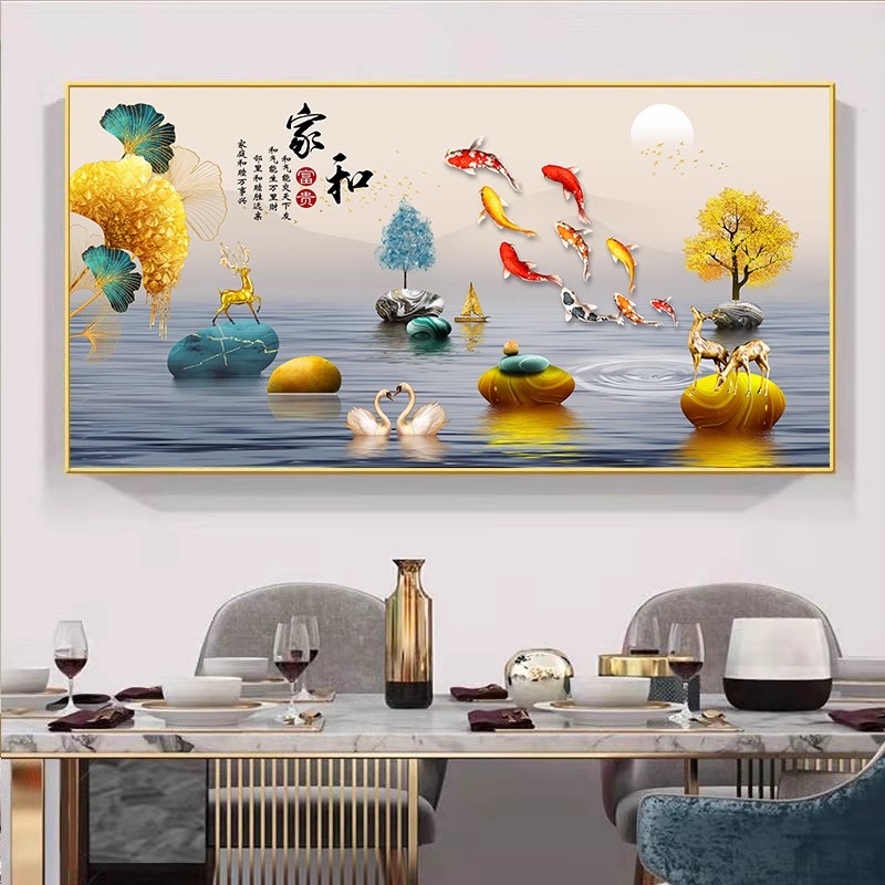 招财九鱼图餐厅装饰画吃饭厅新中式歺厅高档挂画餐桌背景墙面壁画-图2