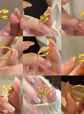 古法金色花朵戒指女轻奢设计