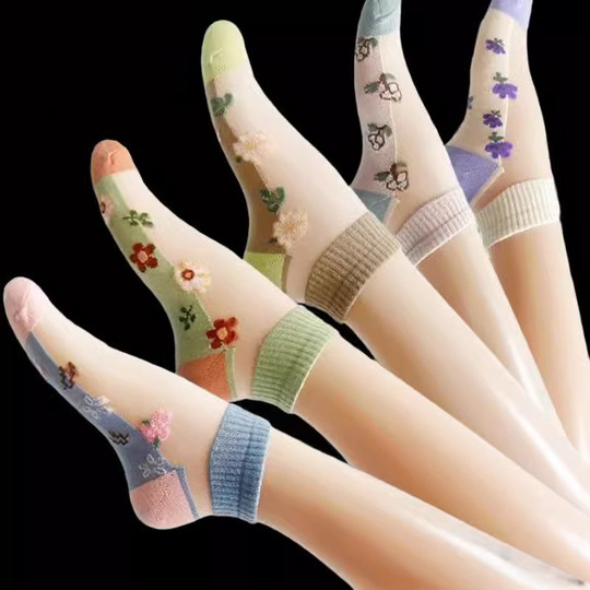 Socks for women ins short tube crystal socks glass silk stockings embroidered silk boat stockings ultra-thin and transparent