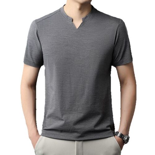 跨境棉感夏季新款男士短袖纯色百搭宽松休闲小V领短袖男t恤代发 - 图3