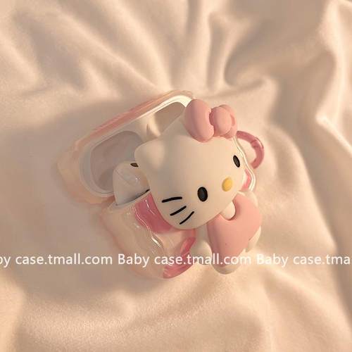 可爱卡通立体Kitty猫适用airpods保护套2代苹果无线蓝牙通用1/2代硅胶pro耳机套airpods pro盒带挂环全包软壳 - 图2