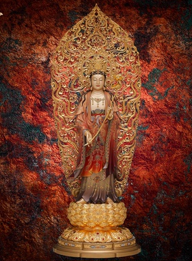 东来紫大势至菩萨铜像满工彩家用供奉佛堂摆件西方三圣站像工艺品