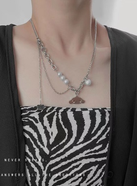 CRIVLA抖音甜酷风玉桂狗钛钢吊坠项链女ins反光珍珠多层嘻哈配饰