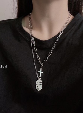 CRIVLA欧美风双层美人脸十字架钛钢项链不褪色时尚男女个性毛衣链
