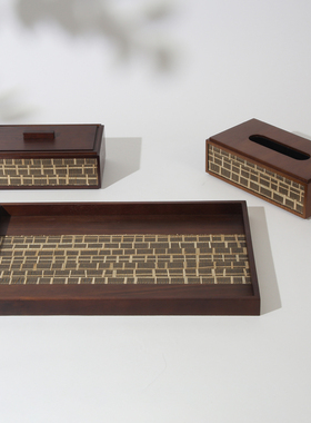 新中式创意天然麦秆实木托盘摆件