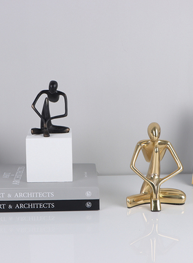 现代极简约黑色金属人物摆件金色创意抽象工艺品办公室书房博古架