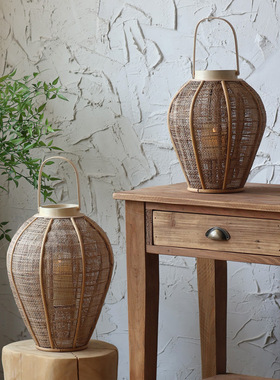 复古麻布风手提灯烛台装饰摆件