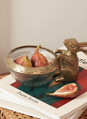 黄铜兔子果盘雕花玻璃餐巾架复古烟灰缸饰品架玻璃罐蜡烛杯装饰品