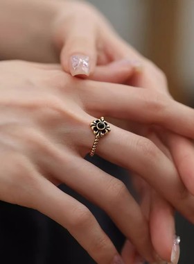 925银复古新中式古金十字鸢尾花戒指环开口调节做旧女士小众百搭