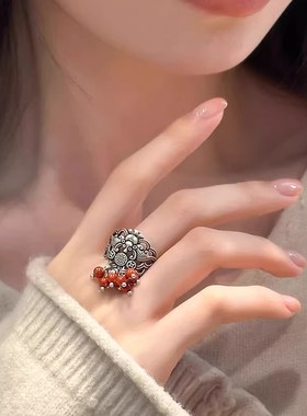 925银复古新中式南红玛瑙蝙蝠流苏戒指环开口调节民族风女士精致