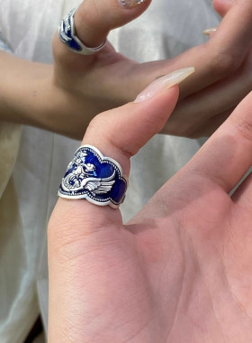 925银复古新中式珐琅彩烧蓝戒指