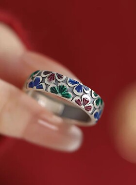 925银复古新中式珐琅景泰蓝滴釉梅花戒指环开口调节小众设计女士