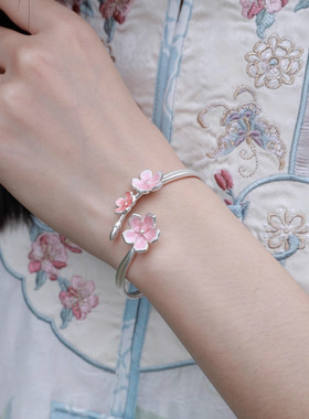 925银复古新中式珐琅彩樱花手镯