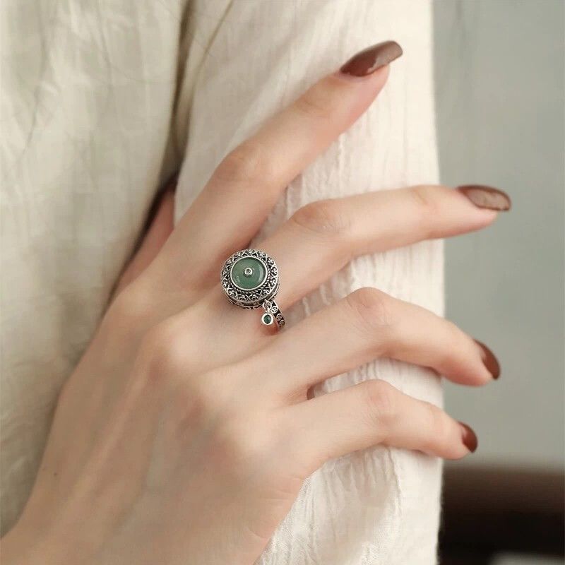 925银复古新中式莲花蓝水翡翠平安扣转动戒指环六字真言开口调节 - 图2