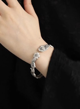 925银复古中式浮雕狐狸樱花手镯