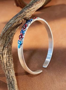 925银复古新中式珐琅彩滴釉红蓝梅花手链民族风女小众设计高级感