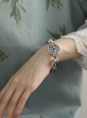 925银复古莲蓬山鬼花钱圆牌手链