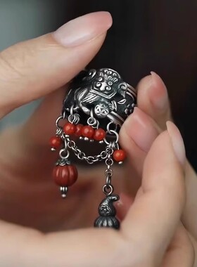 925银复古新中式醒狮绣球滴溜戒指环开口调节做旧民族风小众设计