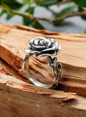 s925银复古风时尚做旧款玫瑰戒指