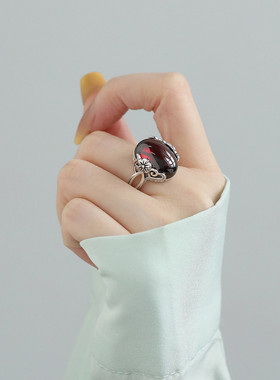 925银复古新中式玛瑙花朵蛋面戒指环开口调节做旧民族风女高级感