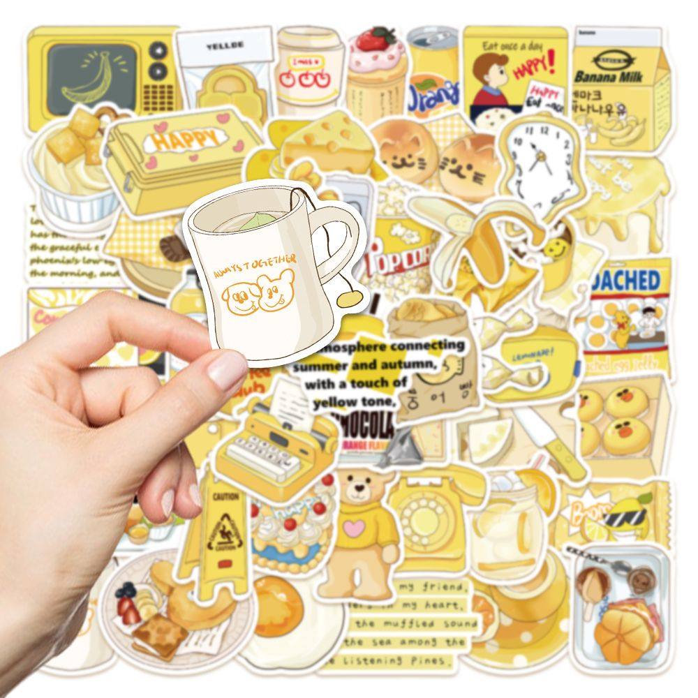 原创50张黄色盐系贴纸可爱少女心手机壳diy咕卡盘防水装饰贴画。,淘宝优惠券,粉丝福利购,淘宝优惠卷