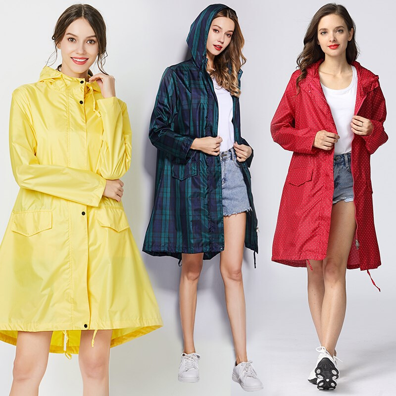 速发Womens Fastion Green Plaid Long Raincoat Waterproof Rain - 图0