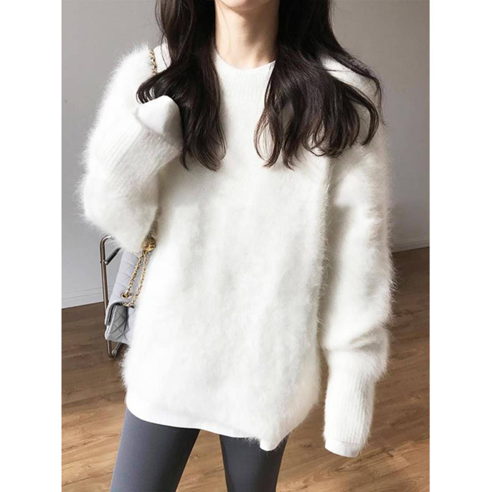 水貂绒软糯毛衣女士秋冬欧货慵懒针织衫圆领套头马海毛毛圆领上衣 - 图1