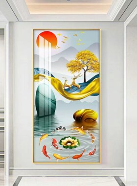 网红大爱进门入户玄关正对门装饰画客厅走廊过道墙壁挂画九鱼图晶