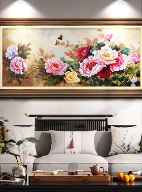 网红新中式客厅装饰画牡丹花美式沙发背景墙挂画横版大厅国风复古