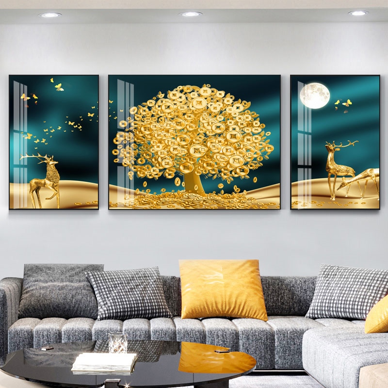 定做晶瓷画水晶三联客厅挂画装饰画沙发背景墙画轻奢镶钻壁画画餐-图0