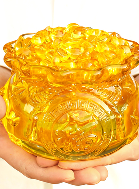 黄水晶福袋琉璃聚宝盆摆件