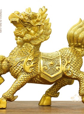 送子黄铜火麒麟摆件一对公母吉祥