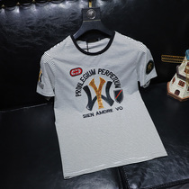 YCL light extravagant trend short sleeve T-shirt silk light cotton fashion letter embroidered bright sheet round collar half sleeve sea soul-shirt tide card