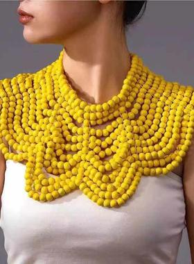 大波浪木珠编织花朵造型披肩链胸链夸张项链非洲新娘饰品necklace